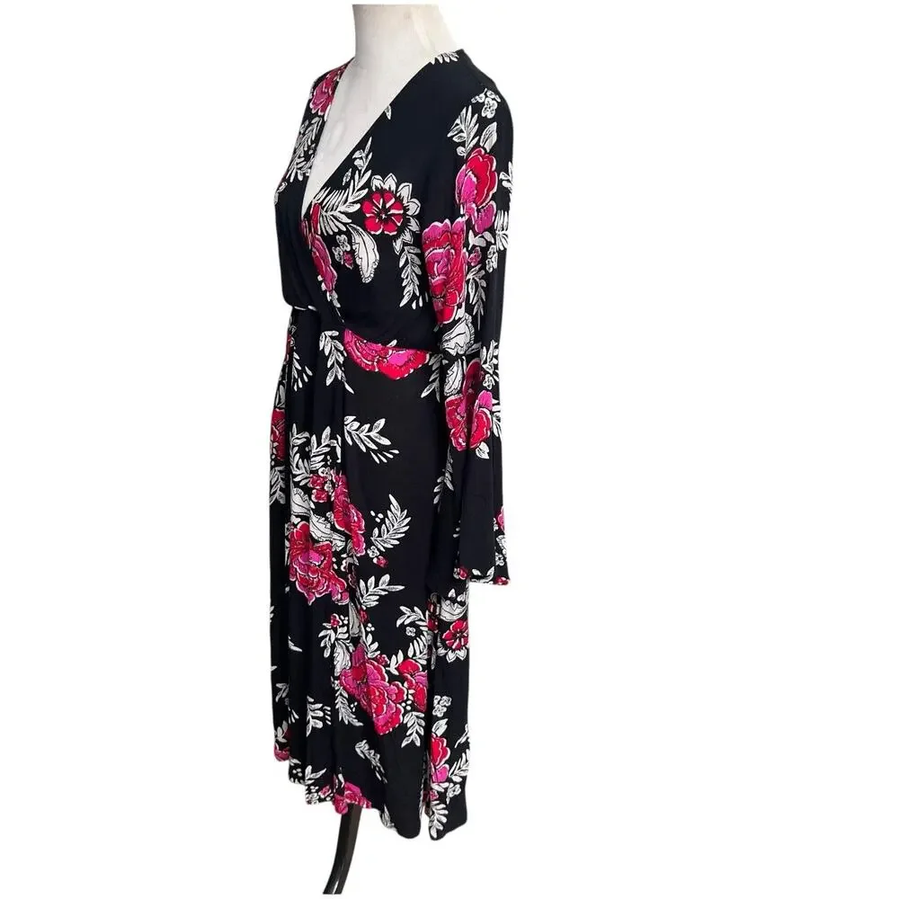 Billabong Women's Floral Whispers Wrap Dress Size Med Black Multi Bell Sleeves